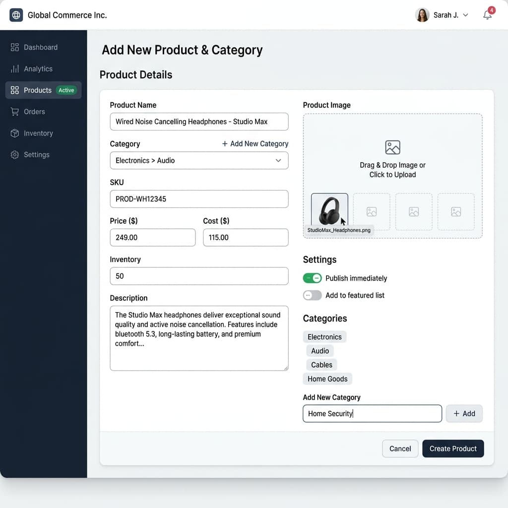 Product setup screen
